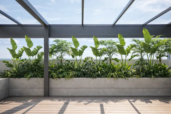 Render de una terraza con pérgola vidriada y canteros de hojas tropicales contra el cielo